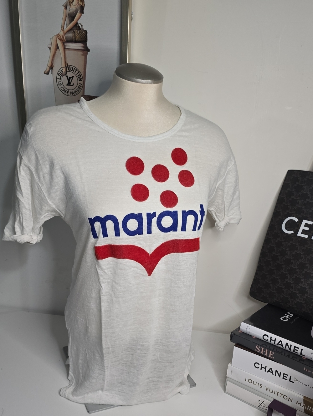 Isabel Marant White Tee with Red Graphic Dots & Blue Logo